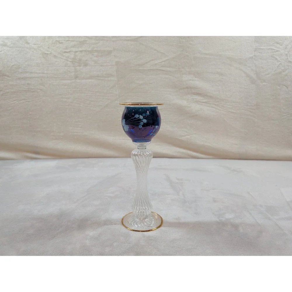 Egyptian Museum Fine Glass Hand Blown Blue Purple Gold Trim Candle Holder 10.25